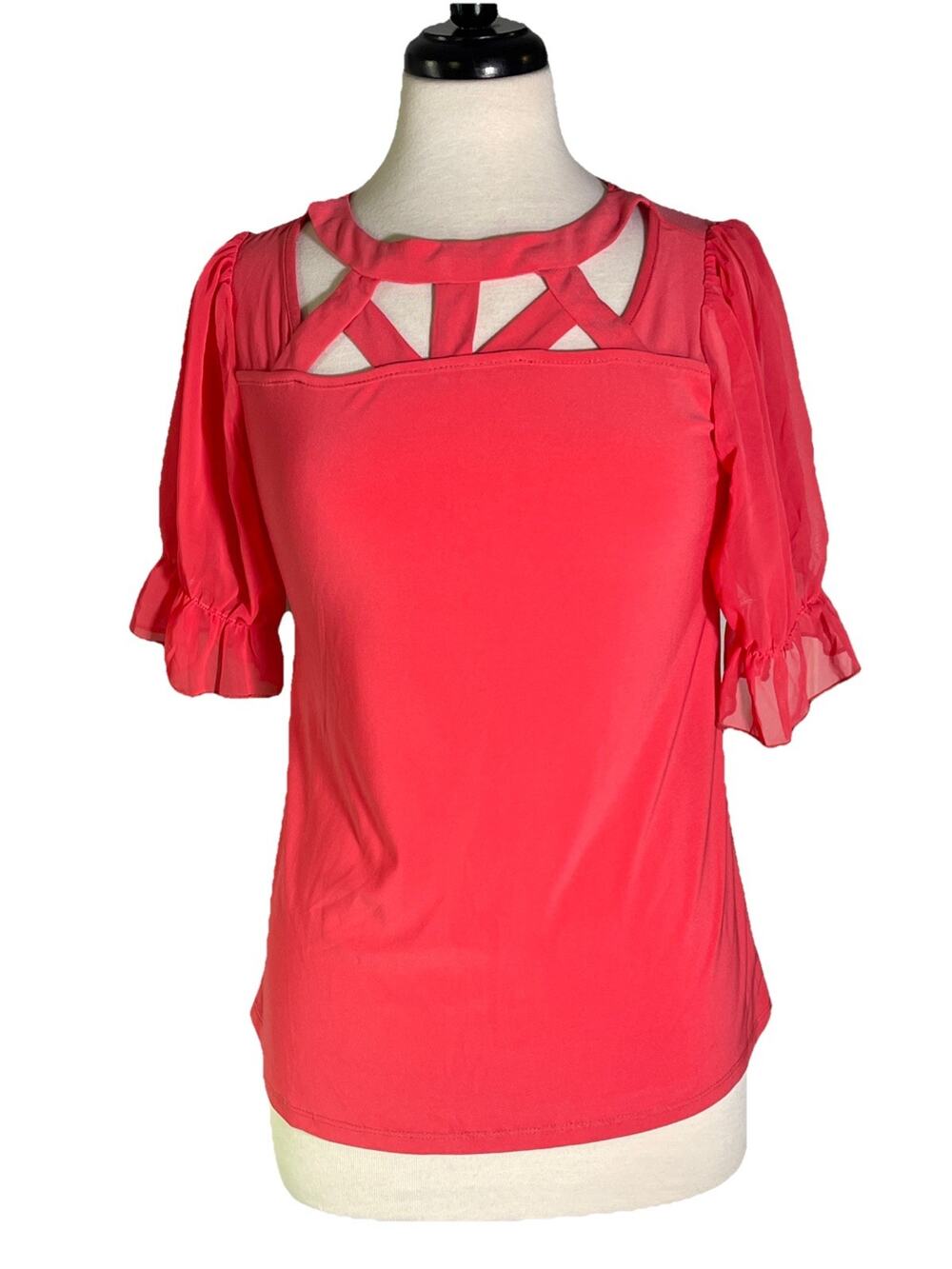 Adele And May Rayon Blouse with Crisscross Accents, Beautiful Mesh Sleeves, SM